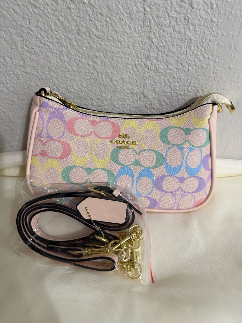 Coach Pastel Multi Signature Mini Crossbody Bag in Pink NEW